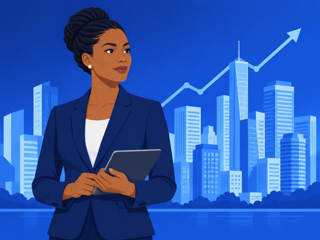 Professional holding a tablet in front of a city skyline